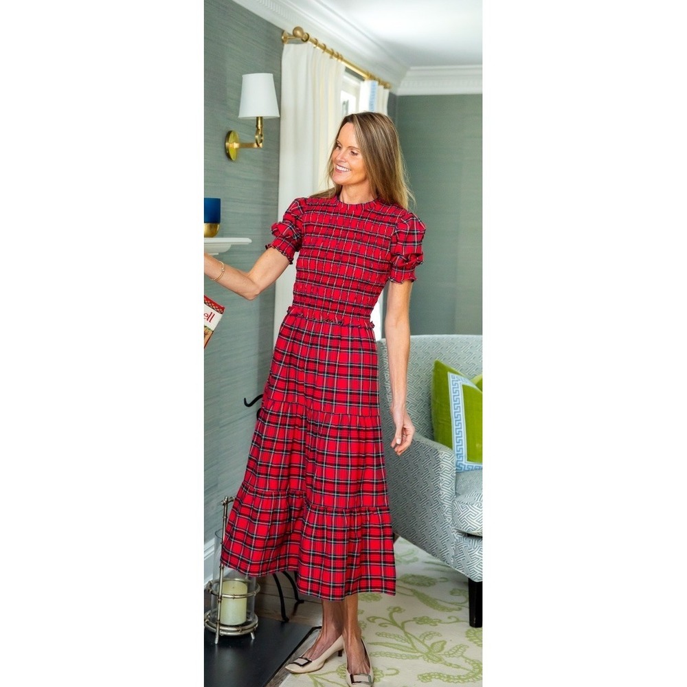 NWT Sale To Stable Red Plaid Puff Sleeve Smocked Midi Dress XXL Retail $149‎
